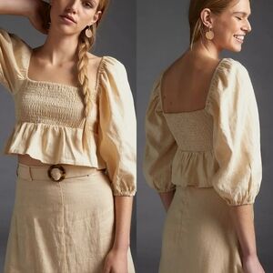 Faithfull the Brand Smocked Linen Crop Top with Peplum Hem in Sand Size 8